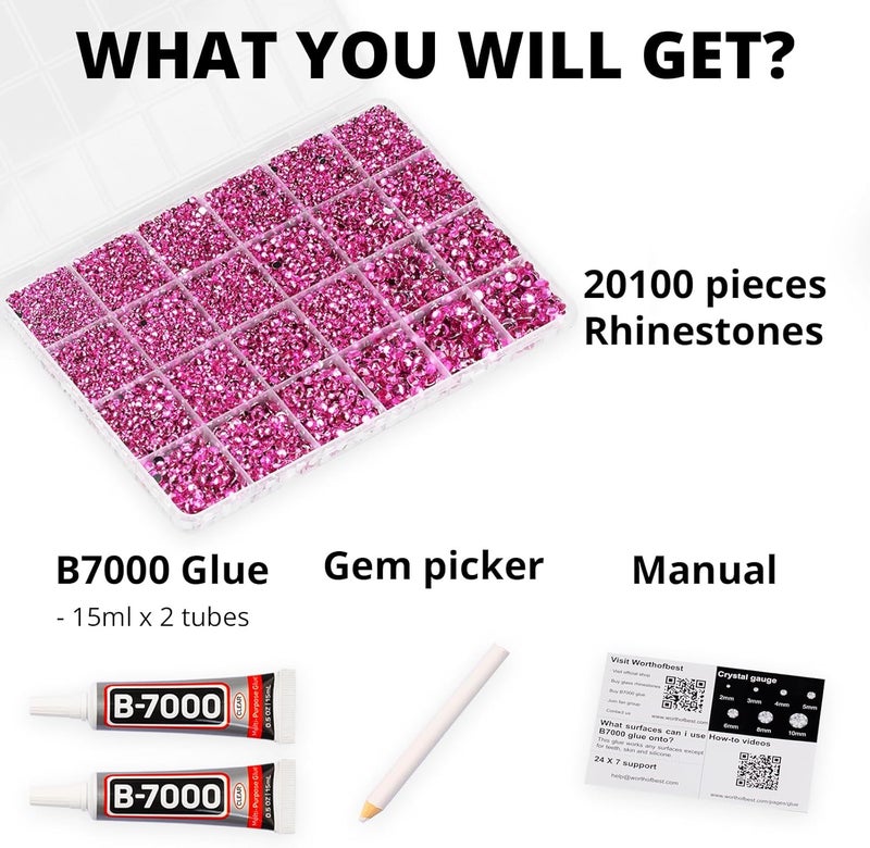 Worthofbest 20100Pcs Hot Pink Resin Rhinestones 2,3,4,5,6mm Flatback for Bedazzling Crafting Crafts Clothing Clothes Fabric Shoes Nail Art, Flat Back Gems Diamonds Bedazzler Kit Bulk Jewels Crystals Gemstones - Image 2